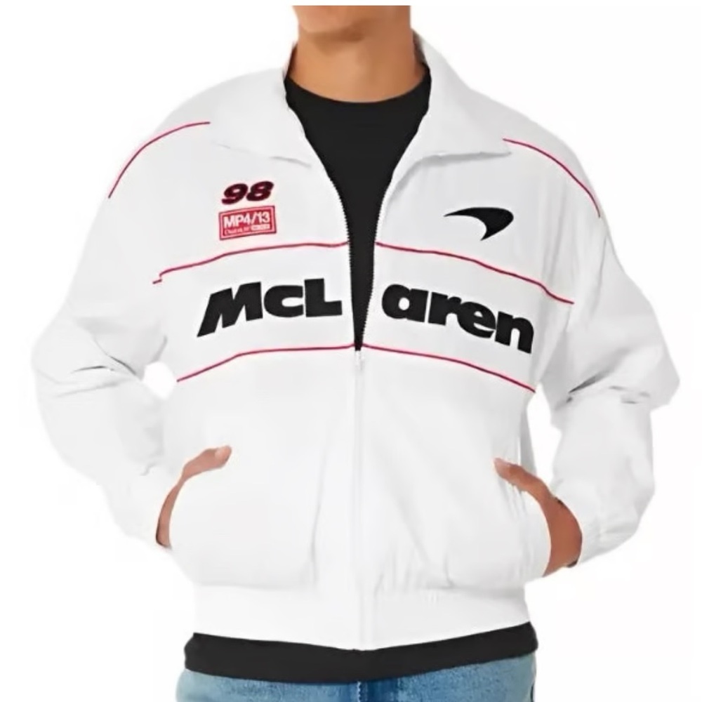 Hollister McLaren RARE White lightweight Jacket with Black and Red graphics